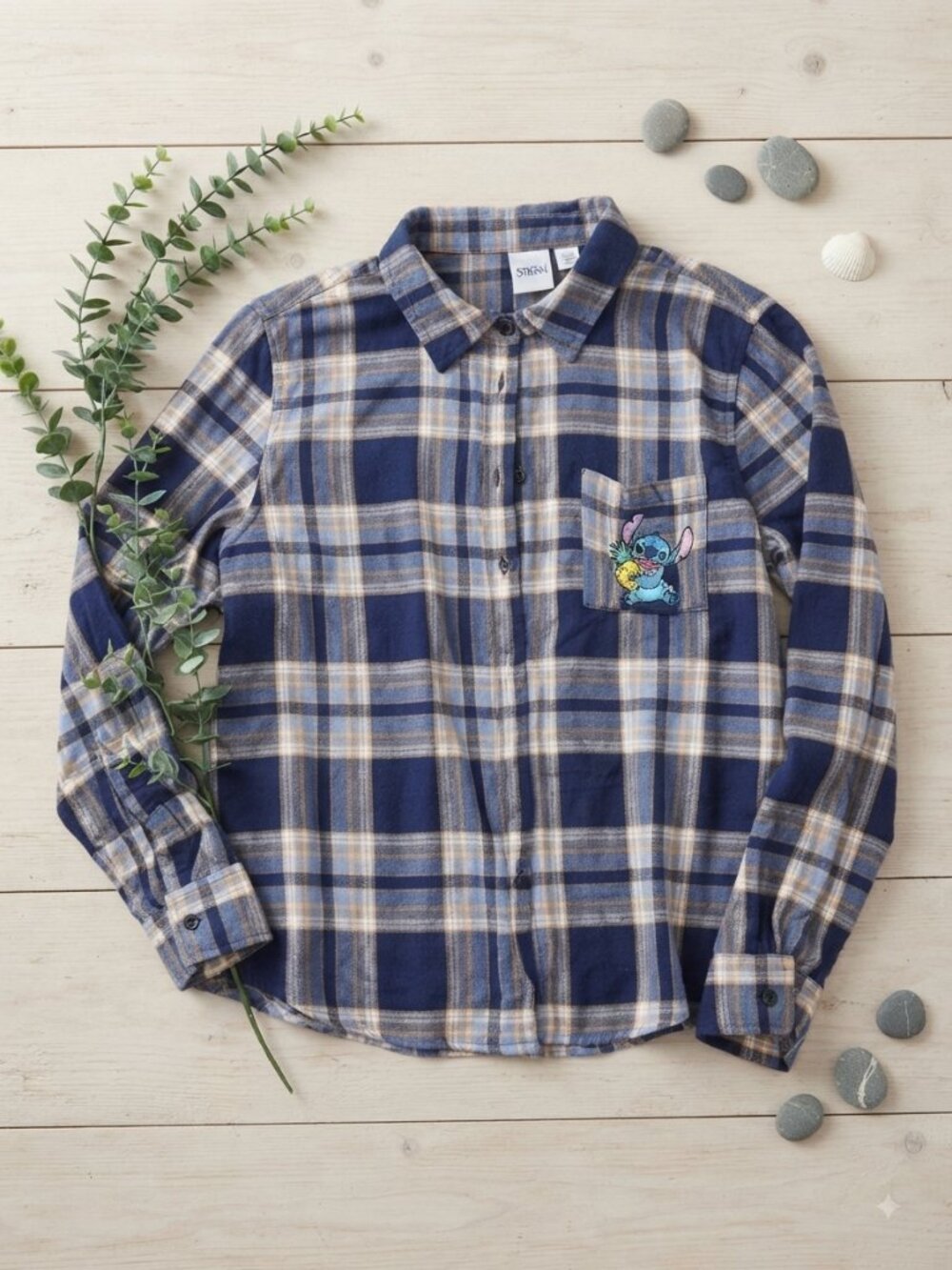 Disney Stitch Blue Plaid Flannel Button-Up Shirt - Size Small